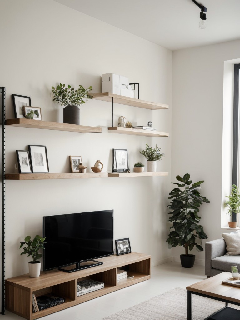 Designing a stylish and functional small apartment living room with streamlined furniture, utilizing built-in shelving for storage and display, and incorporating a combination of seating options for flexibility.