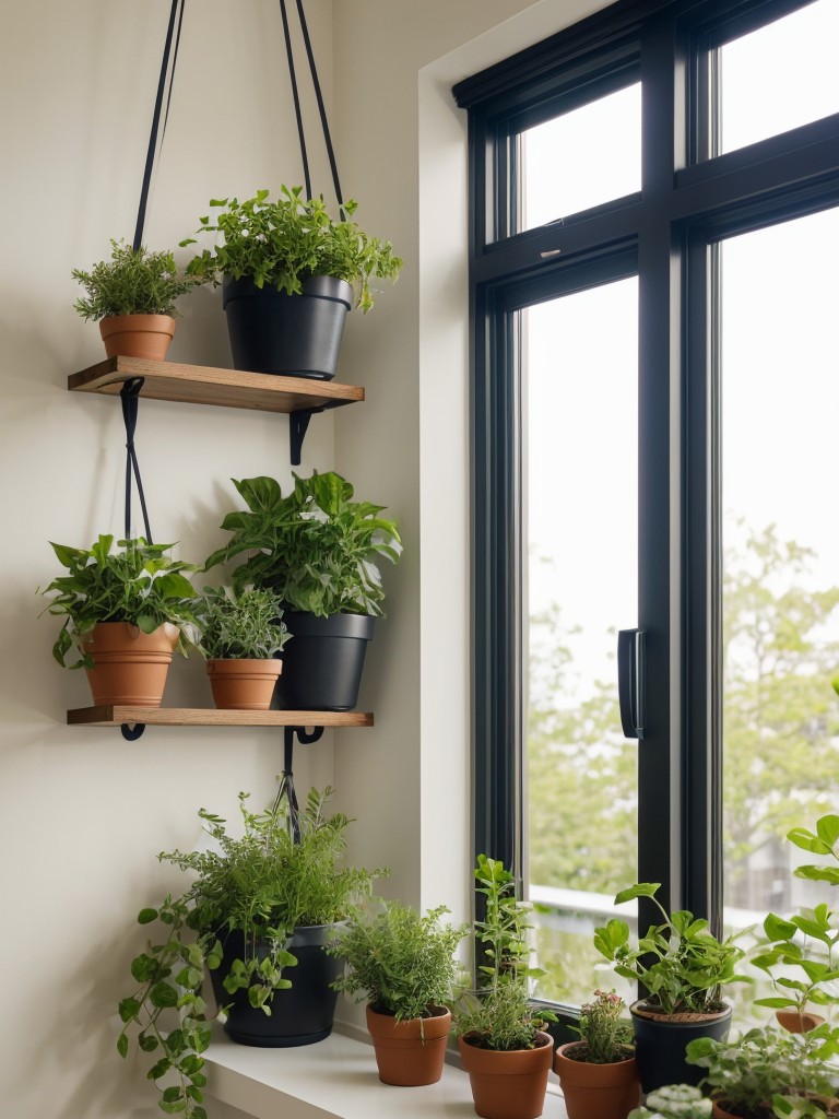 Incorporating greenery into a small apartment with hanging planters, vertical gardens, and utilizing windowsills for potted plants to bring life and freshness into the space.