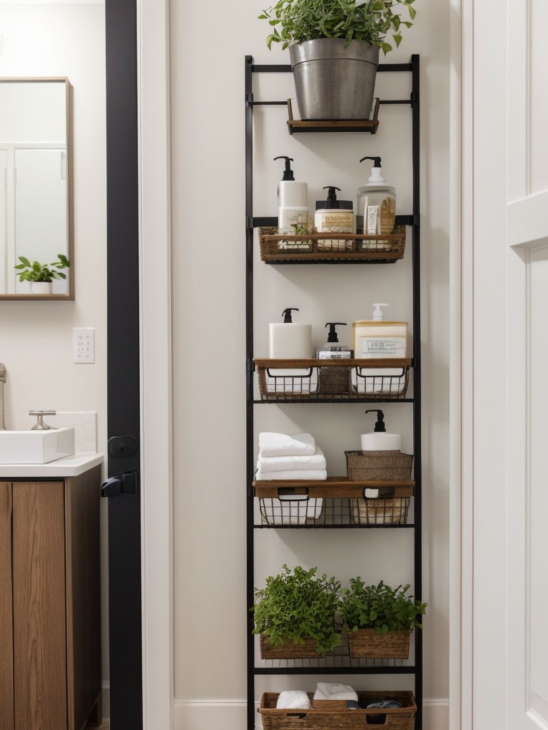 Maximizing storage in a small apartment bathroom with floating shelves, over-the-door organizers, and utilizing vertical space with tension rods and hanging baskets.