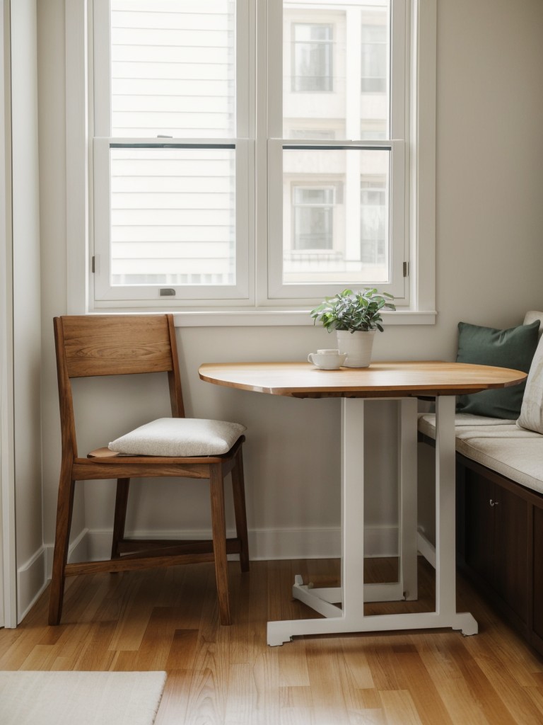 Utilizing clever space-saving solutions in a small apartment dining area, such as a drop-leaf table, stackable chairs, and incorporating a bench with hidden storage.