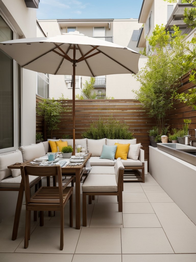 Color palette ideas for small apartment patios, including bright and vibrant schemes or calming and neutral tones for a serene outdoor oasis.