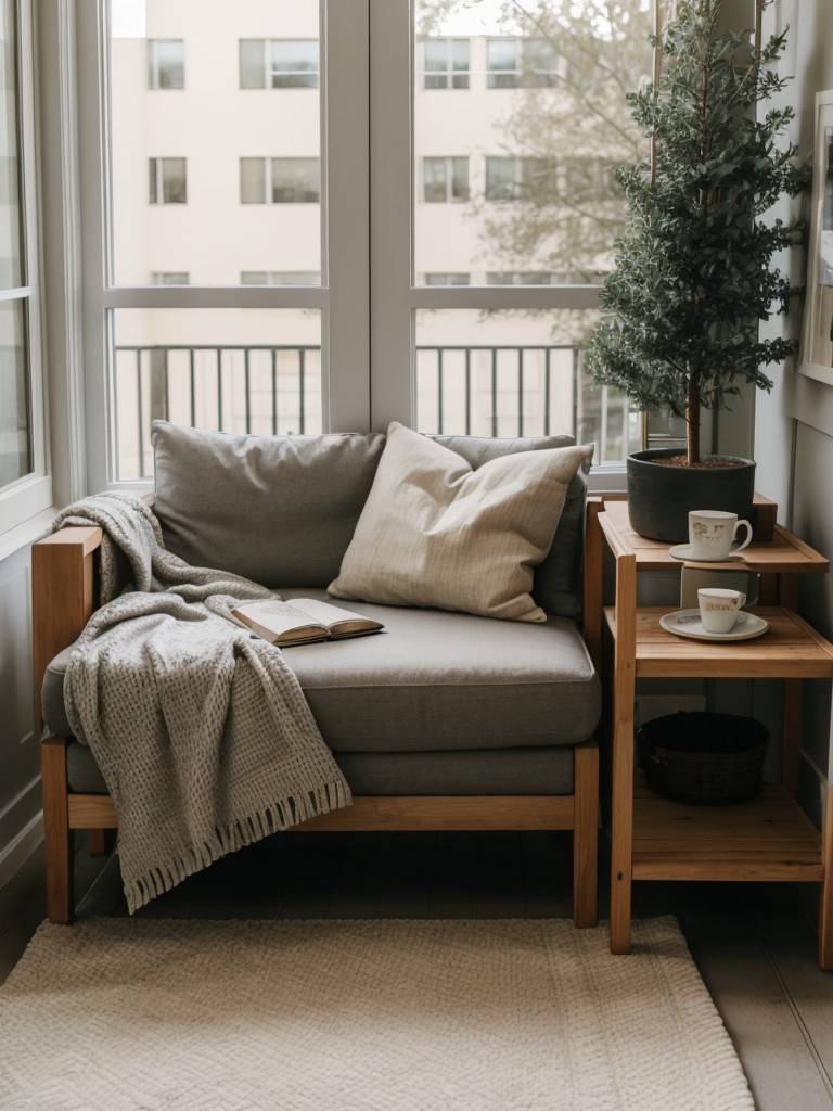 Creating a cozy reading nook on your small apartment patio by adding a comfortable chair, throw blanket, and a side table for books and tea.