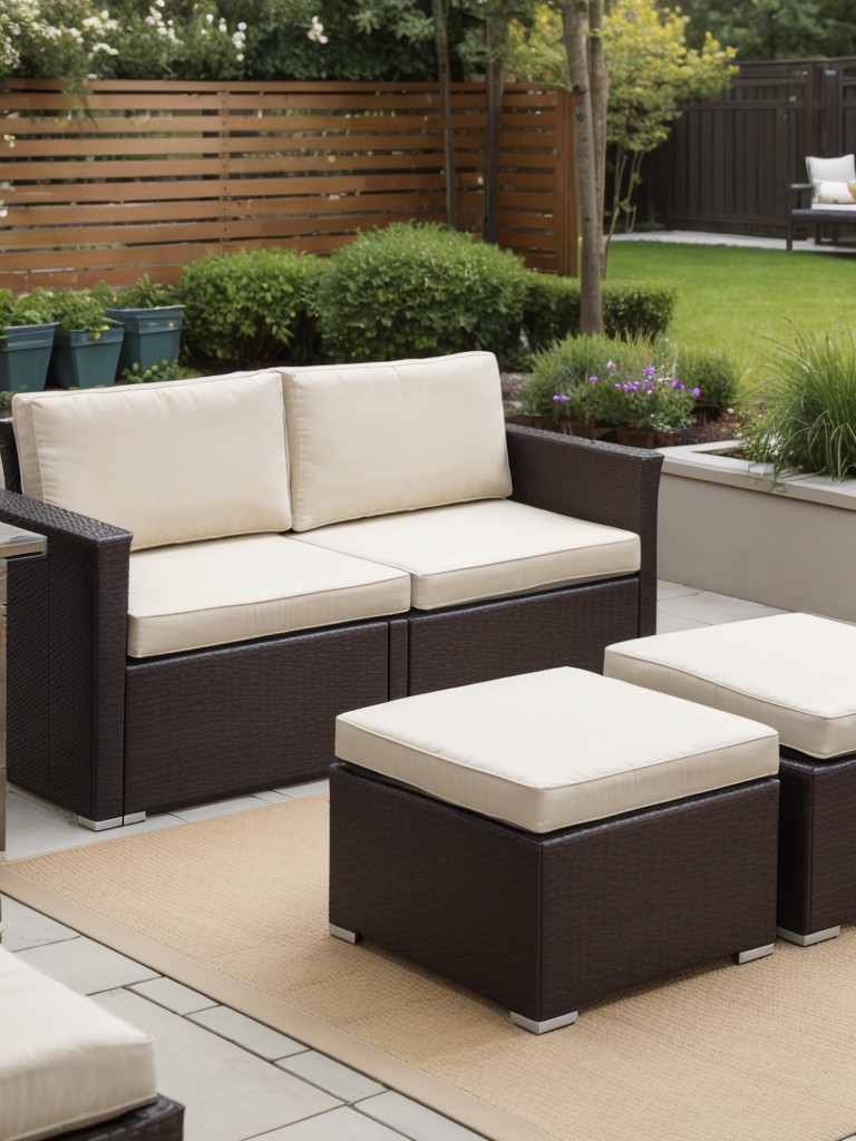 Creative ways to arrange and style patio furniture in a compact apartment, including using multipurpose furniture pieces like storage ottomans or benches.