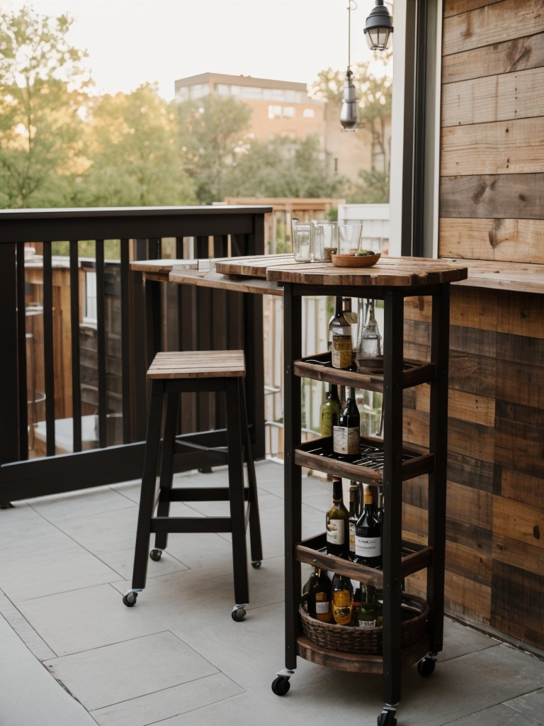 DIY ideas for transforming a small apartment patio, such as adding a distressed wooden accent wall or building a custom bar cart.