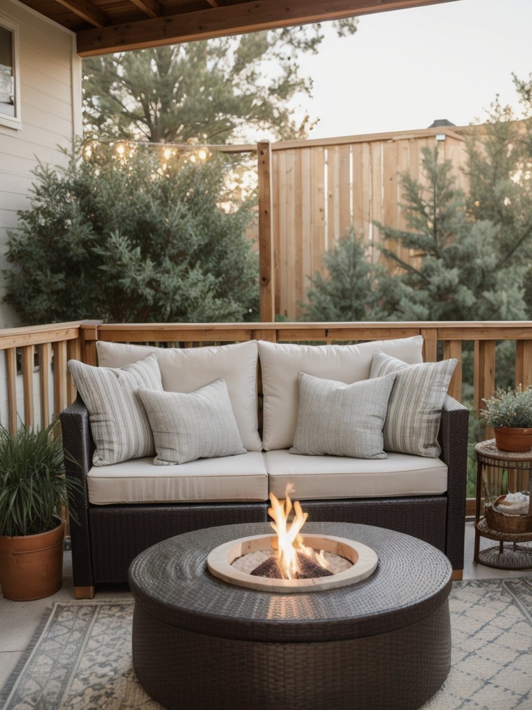 Ideas for creating a cozy outdoor living room on your small apartment patio, with comfortable seating, accent pillows, and a rug.
