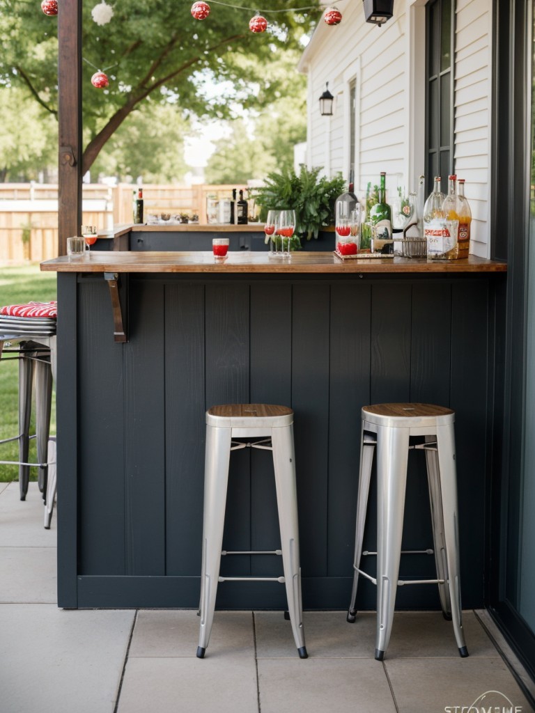 Ideas for creating a small apartment patio bar area, including a portable bar cart, bar stools, and festive drinkware for entertaining.
