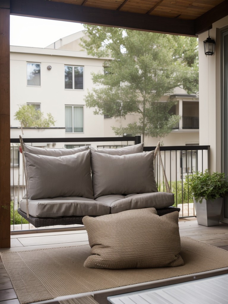 Incorporating comfortable seating options on your small apartment patio, such as plush cushions, outdoor bean bags, or hammocks.