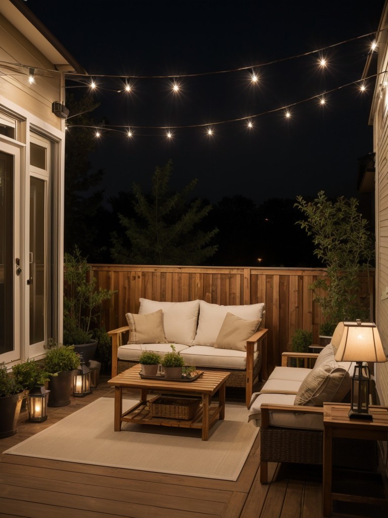 Lighting options for small apartment patios, such as string lights, lanterns, or solar-powered lights to create a cozy ambiance.