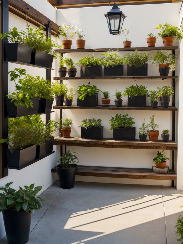 Utilizing wall space on your apartment patio with vertical gardens, hanging lanterns, or wall-mounted shelves for plants and aesthetics.