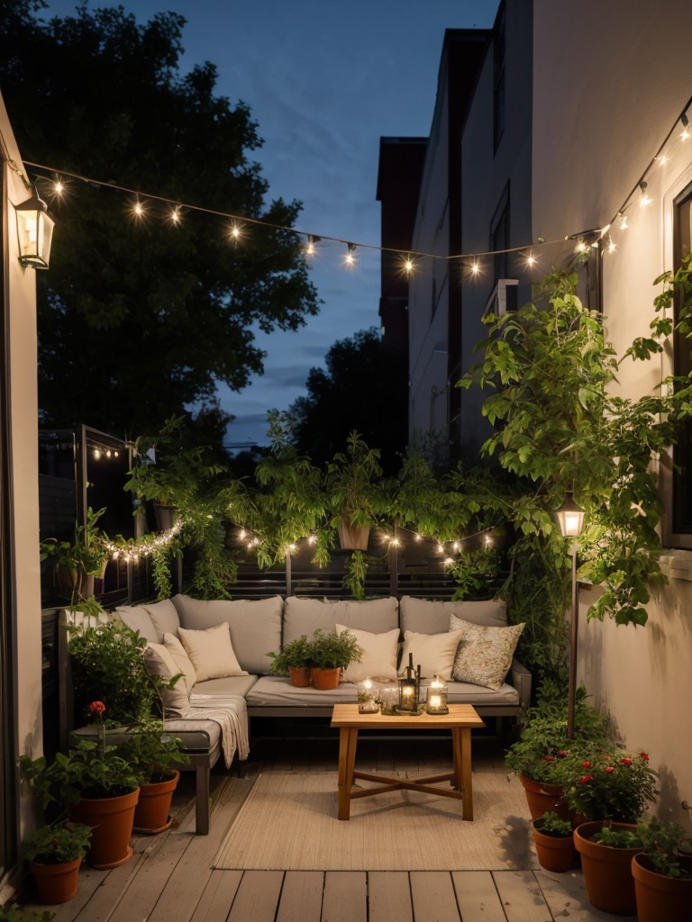 Create an inviting small apartment patio garden by incorporating colorful blooms, potted herbs, and fairy lights for a magical ambiance.