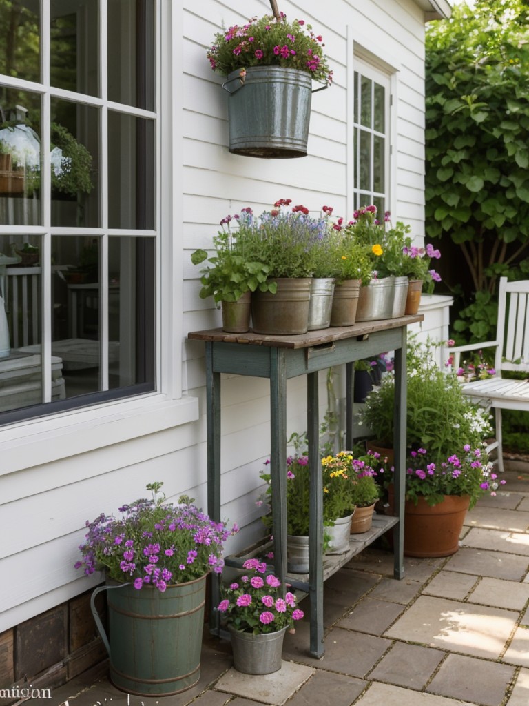 Create a small apartment patio garden with a cottage feel by incorporating overflowing flower baskets, a charming picket fence, and vintage garden accessories like old watering cans and shovels.