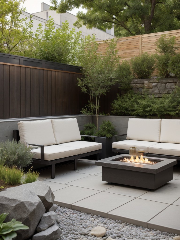 Create a zen-inspired small apartment patio garden with minimalistic furniture, strategically placed rocks or gravel, and serene water features for ultimate relaxation.