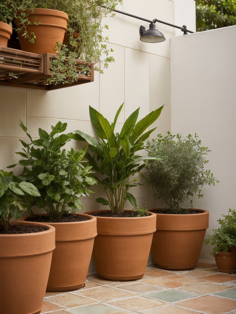 Design a small apartment patio garden with a Mediterranean feel by incorporating terracotta pots, fragrant herbs, and vibrant tiles for a warm and inviting ambiance.