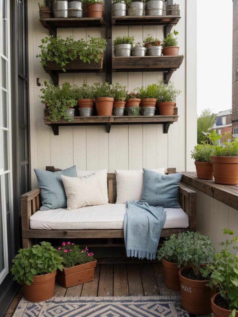 Design a small apartment patio garden with a rustic charm by using repurposed wooden crates as planters, incorporating distressed vintage furniture, and adding cozy textiles like blankets and cushions.