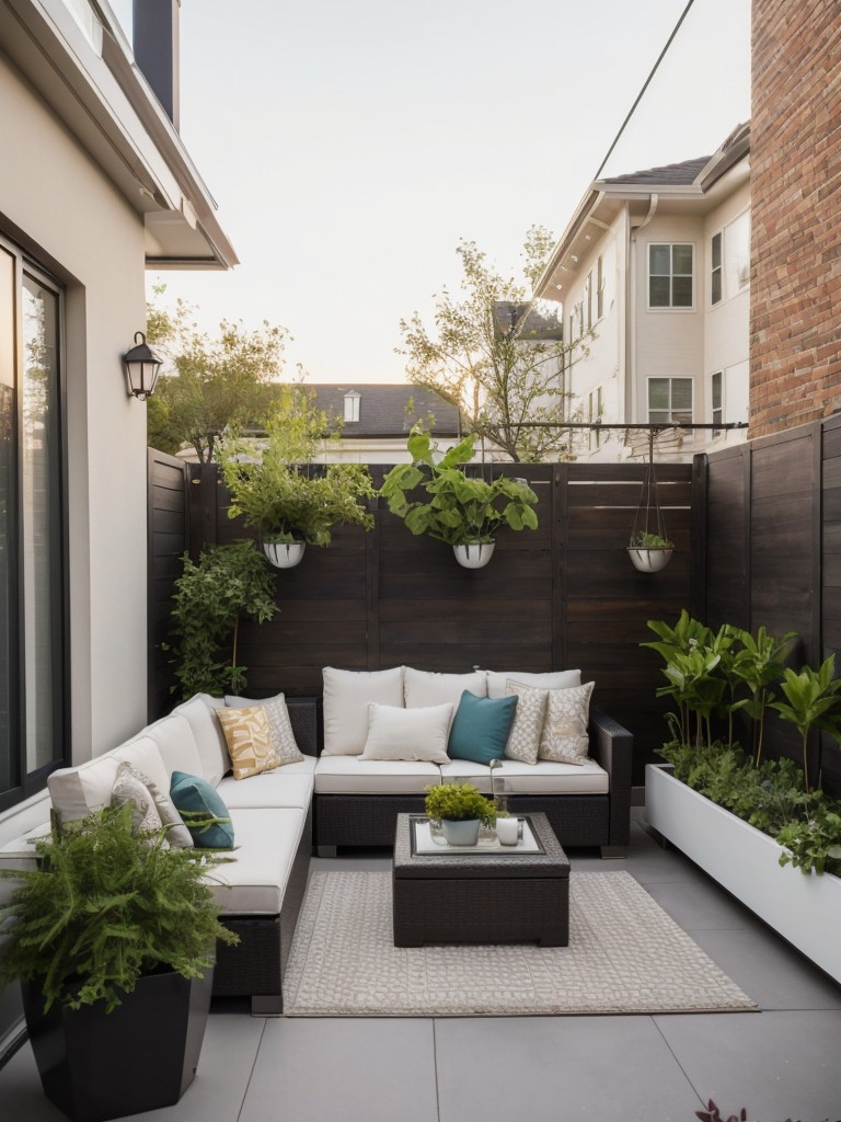 Elevate the style of your small apartment patio garden with trendy and chic decor, such as a statement chandelier, stylish outdoor furniture, and modern planters.