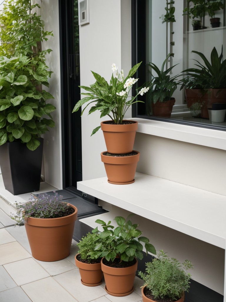 Embrace a minimalist approach to small apartment patio gardening with clean lines, sleek pots, and a neatly organized arrangement of plants and flowers.