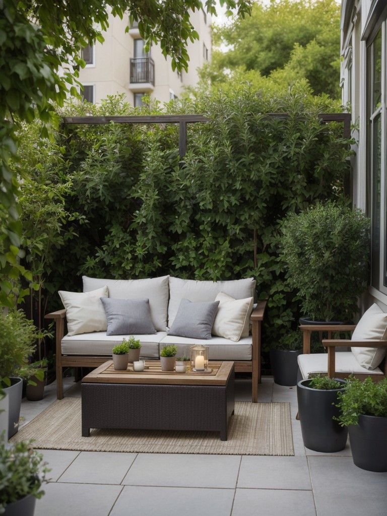 Enhance the atmosphere of your small apartment patio garden with scented plants like lavender and jasmine, providing a fragrant haven for relaxation and outdoor enjoyment.