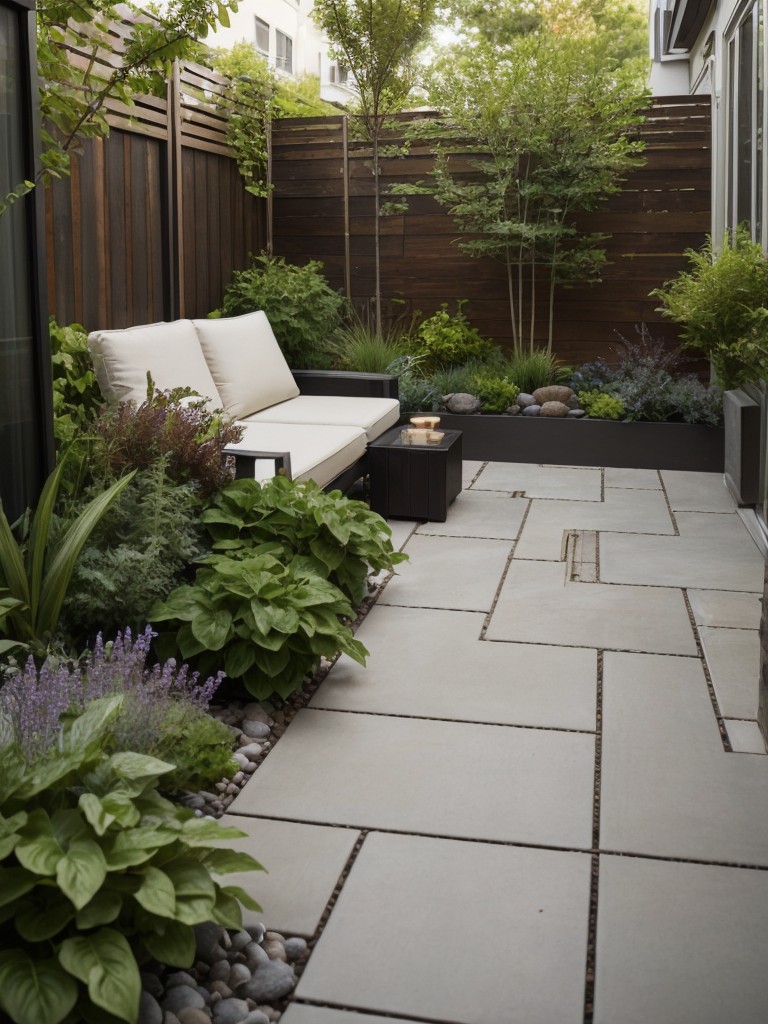 Incorporate a mix of textures in your small apartment patio garden, such as lush green foliage, smooth river rocks, and decorative pebbles, to add visual interest and create a sensory experience.