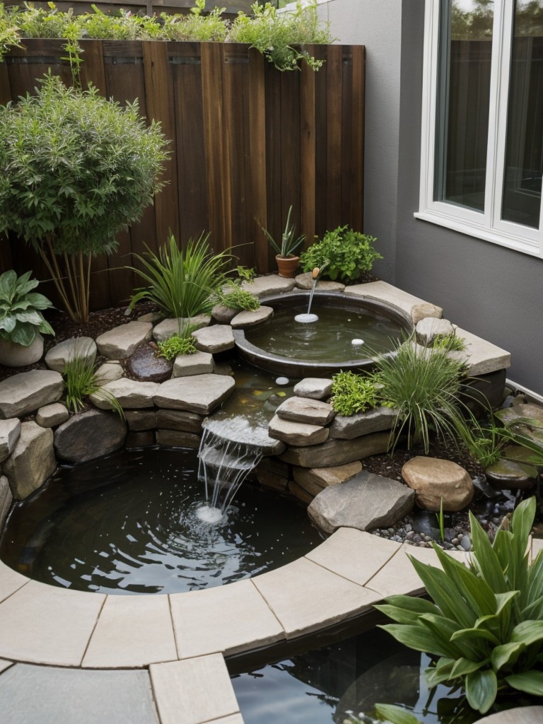 Incorporate water elements into your small apartment patio garden, such as a mini fountain or a small pond, to add tranquil sounds and bring a calming element to your space.