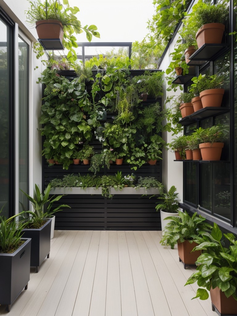 Maximise greenery in a small apartment patio garden with hanging planters, vertical plant walls, and cascading vines for a lush and visually appealing space.