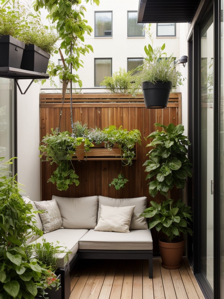 Transform your small apartment patio into an urban oasis with vertical gardening, hanging planters, and a cozy seating area for relaxation.