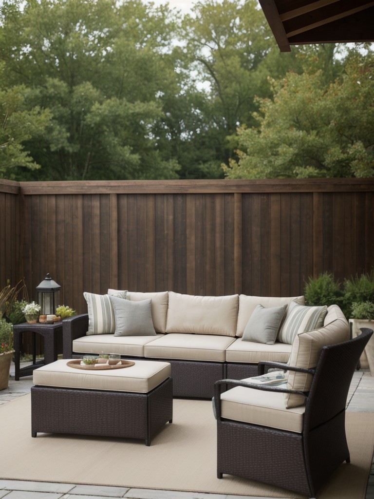 Create a cozy seating area with weather-resistant furniture and soft outdoor cushions for relaxation.