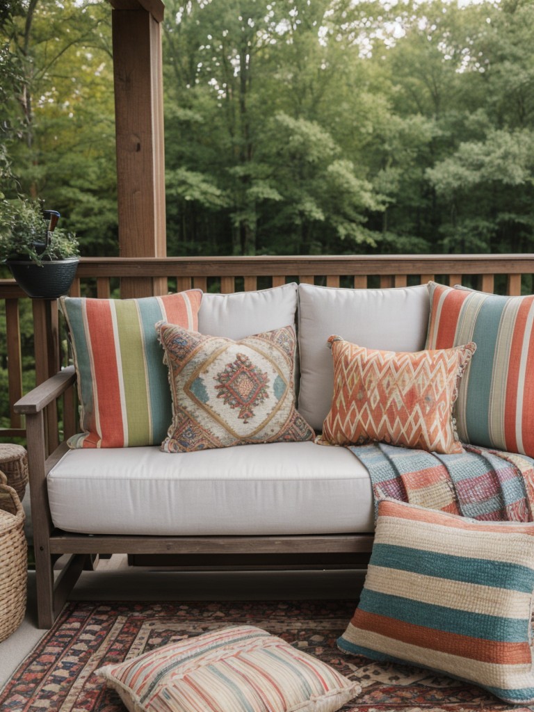 Decorate with outdoor rugs and colorful throw pillows to add personality and comfort to the space.