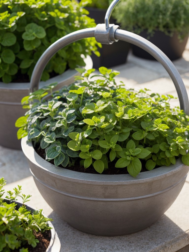 Incorporate a mini herb or flower garden in planters or hanging baskets for a touch of greenery.