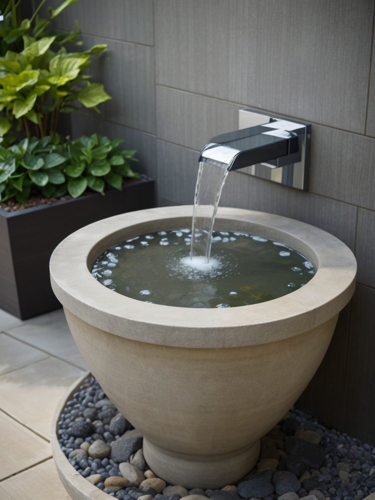 Install a compact water feature like a tabletop fountain or wall-mounted waterfall for a soothing sound.