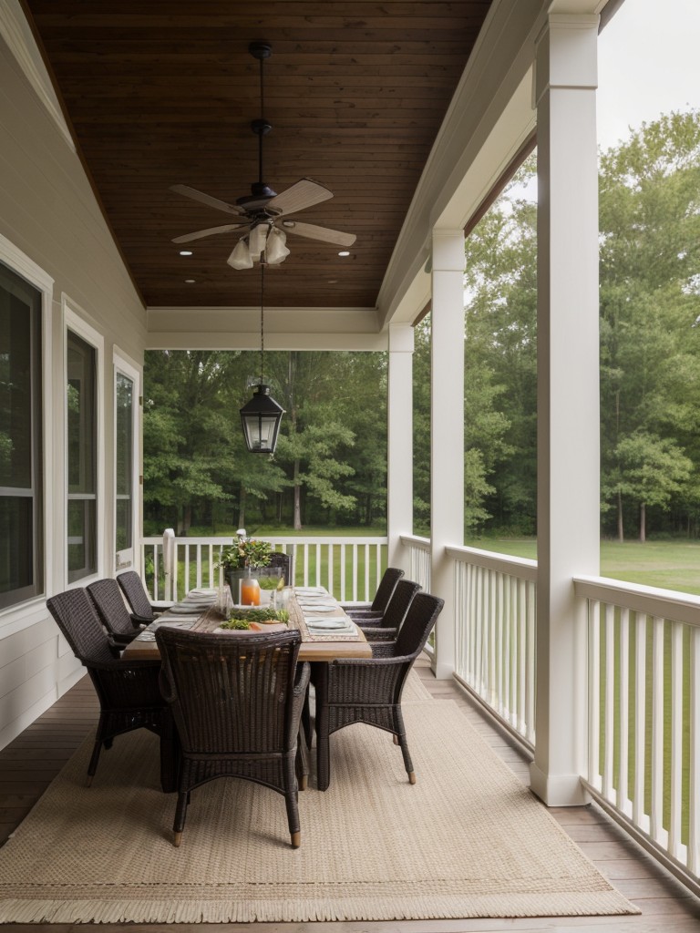 Use outdoor rugs to visually separate different areas on the porch, such as a dining area or lounging space.