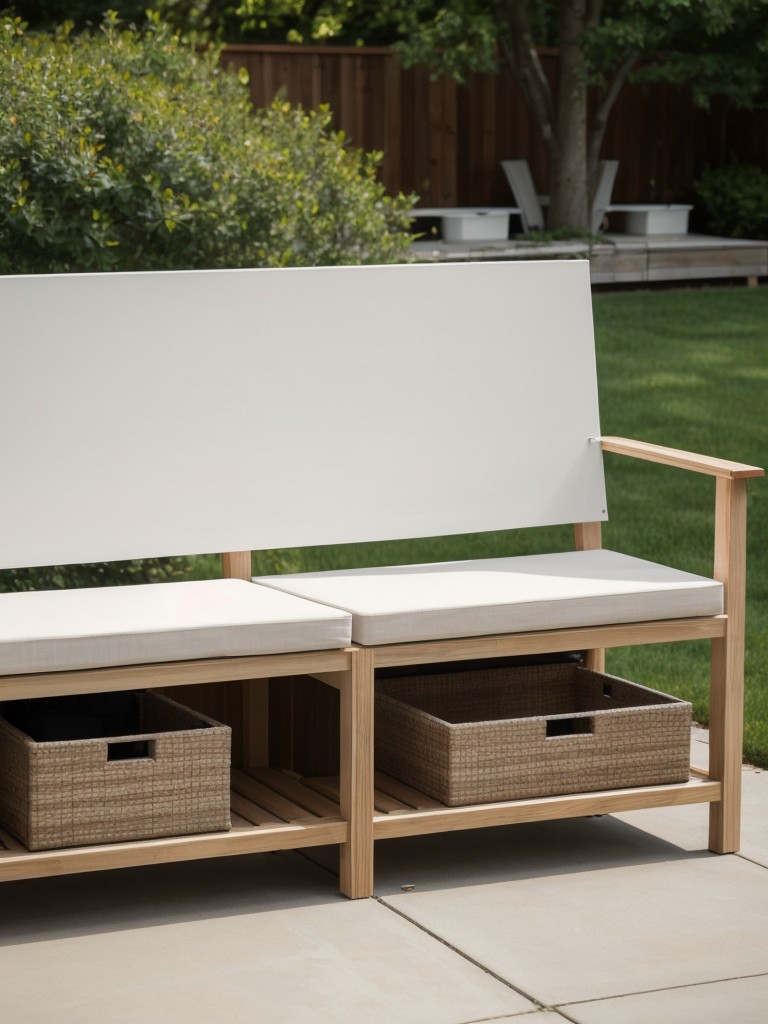 Utilize a small storage bench or multifunctional seating with hidden storage for outdoor essentials.