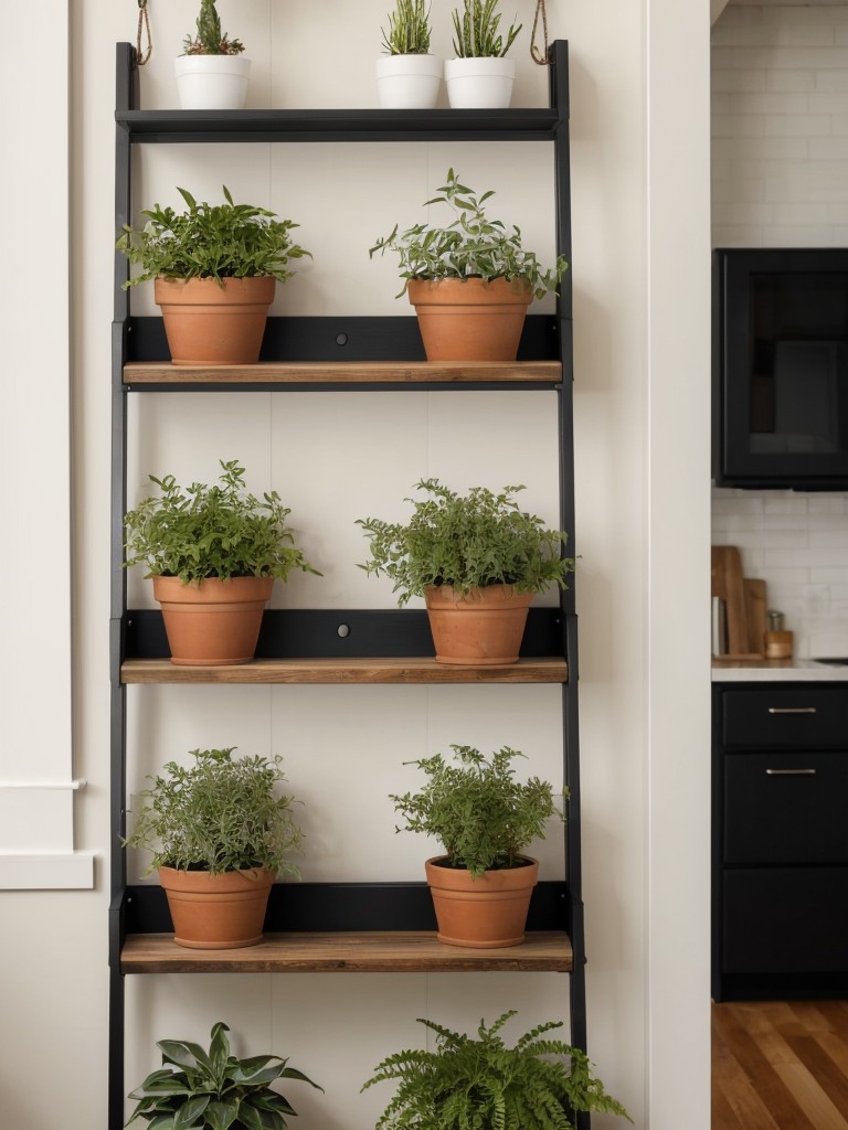 Utilize vertical space with hanging planters and wall-mounted shelves for limited floor space.