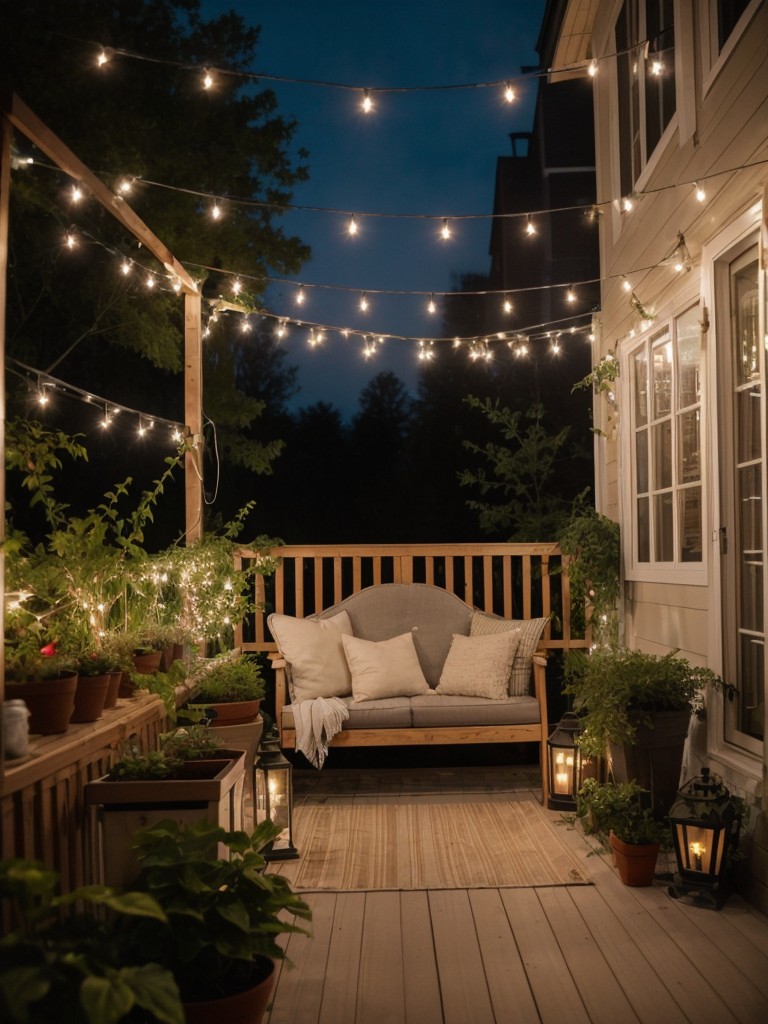 Add a touch of whimsy to your small apartment porch garden with fairy lights, lanterns, or string lights for a cozy and magical ambiance.