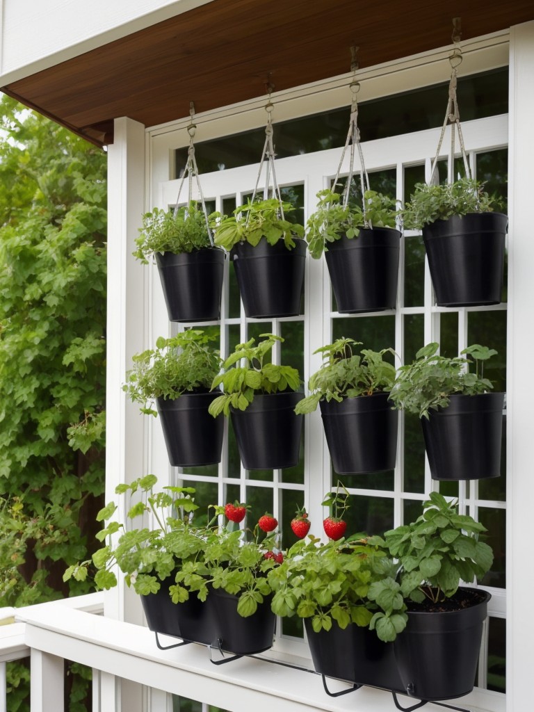 Consider adding a small vertical herb garden or a hanging strawberry planter to grow fresh herbs and berries in your apartment porch garden.