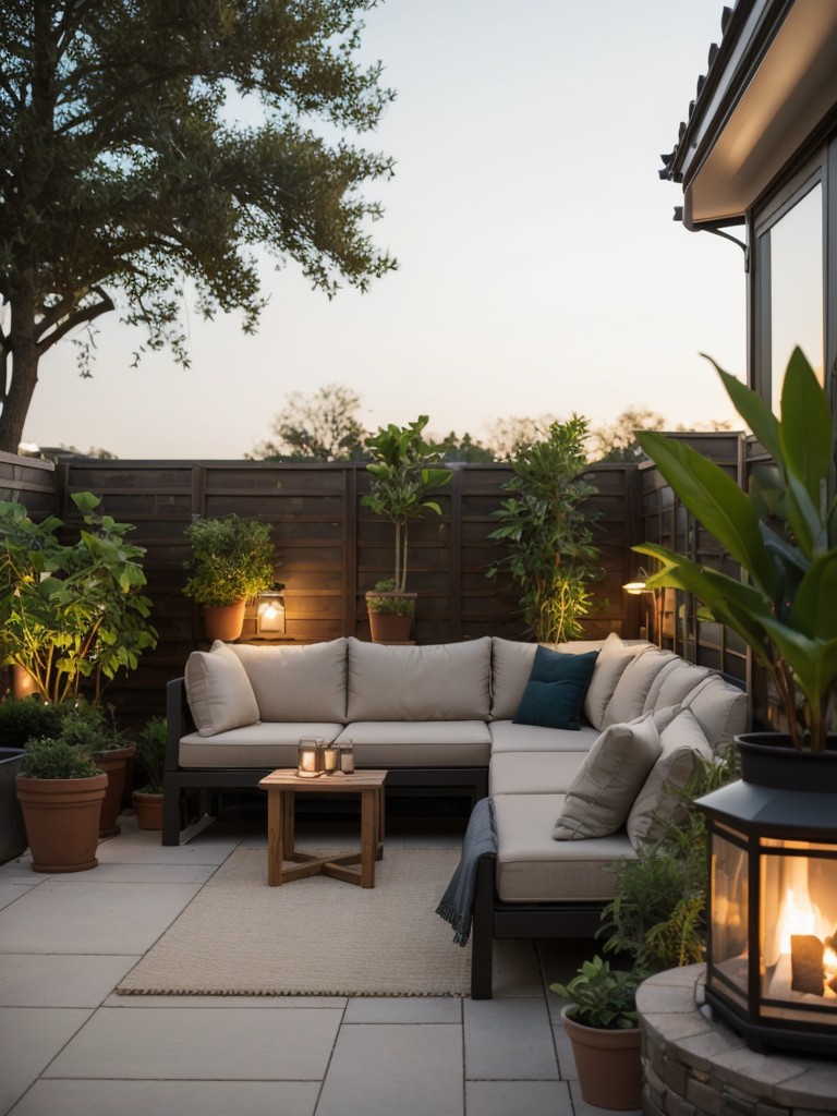 Create a cozy outdoor oasis with potted plants, comfortable seating, and ambient lighting.