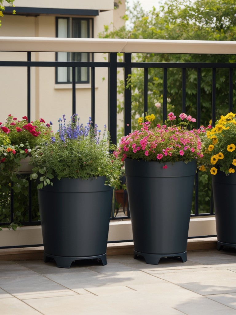 Enhance the visual appeal of your balcony garden by adding colorful pots, vibrant flowers, and decorative garden accessories.