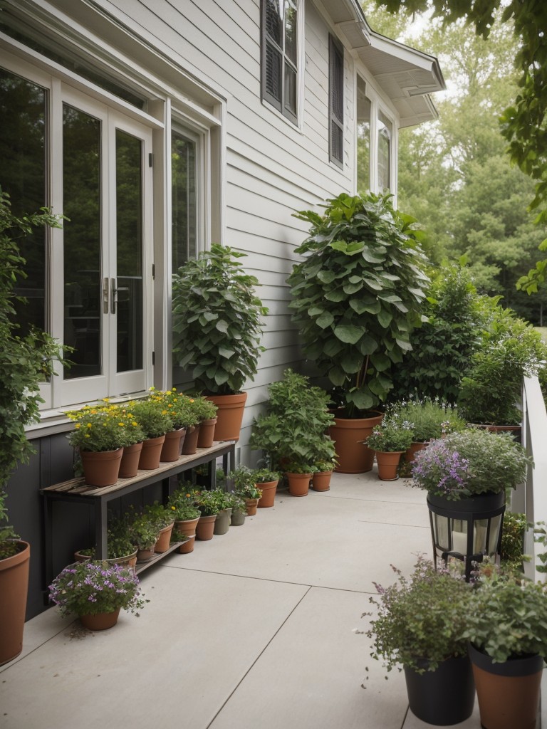 Incorporate a variety of plant heights to create depth and dimension in your apartment porch garden, such as using tall trees, medium-height shrubs, and low-growing ground cover.