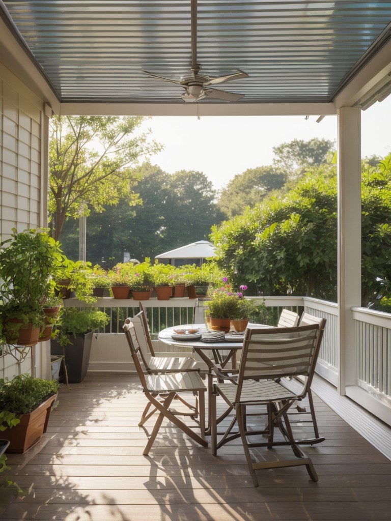Install a retractable awning or shade sail to protect your apartment porch garden from harsh sunlight, allowing your plants to thrive.