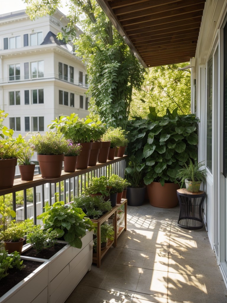 Maximizing natural light in your apartment porch garden by choosing plants that thrive in direct sunlight, or adding mirrors to reflect sunlight into shaded areas.