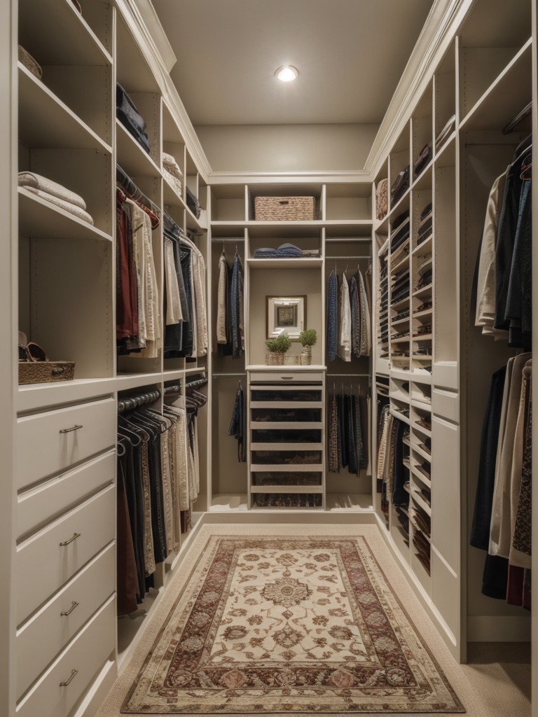 Add a decorative rug or runner to enhance the aesthetic appeal of the walk-in closet.