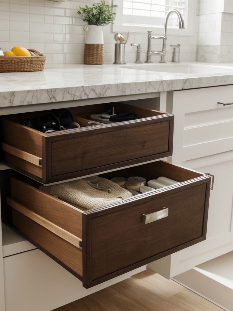 Consider adding built-in drawers or baskets for organizing accessories and small items.