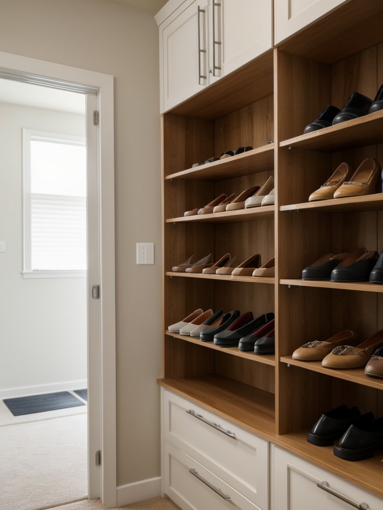 Incorporate a folding wall rack for keeping shoes organized and easily accessible.