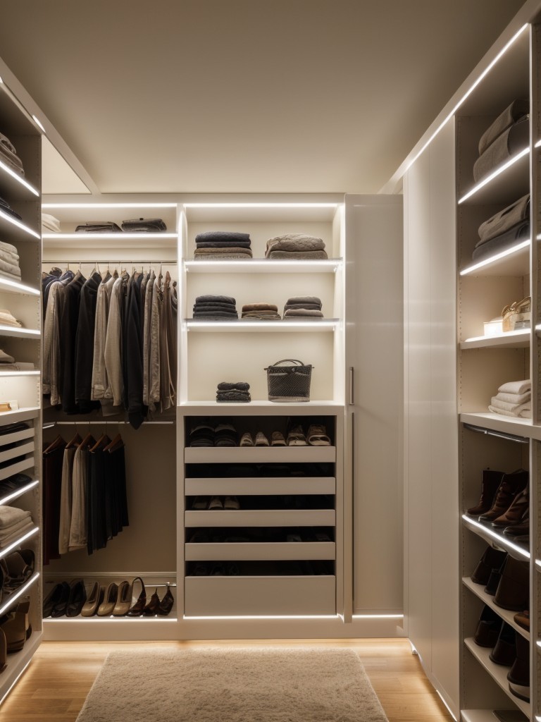 Incorporate functional lighting solutions, such as LED strip lights, to illuminate the closet space.
