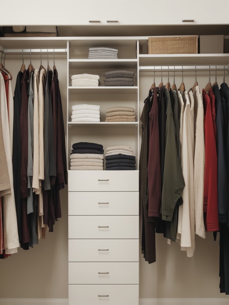 Install a hanging rod for clothing items and use slim hangers to maximize closet space.