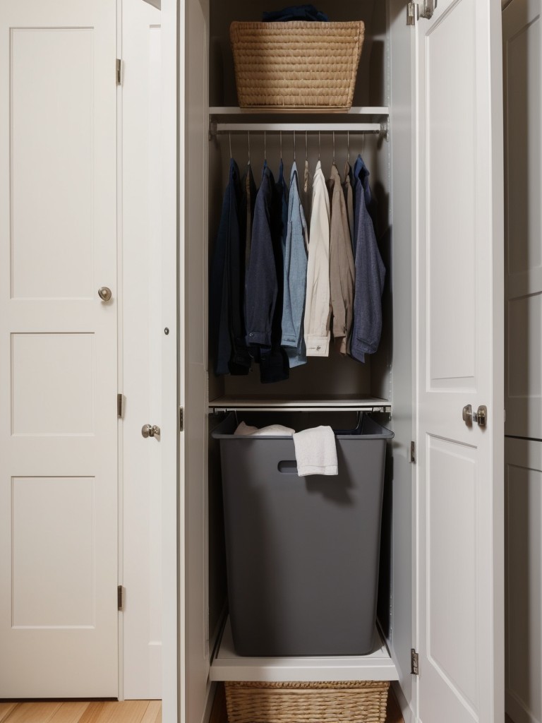 Install a laundry hamper inside the closet to keep dirty clothes concealed and organized.