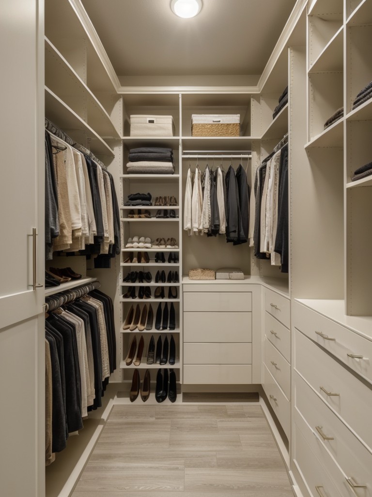 Opt for a neutral color scheme in the walk-in closet to create a calming and cohesive atmosphere.