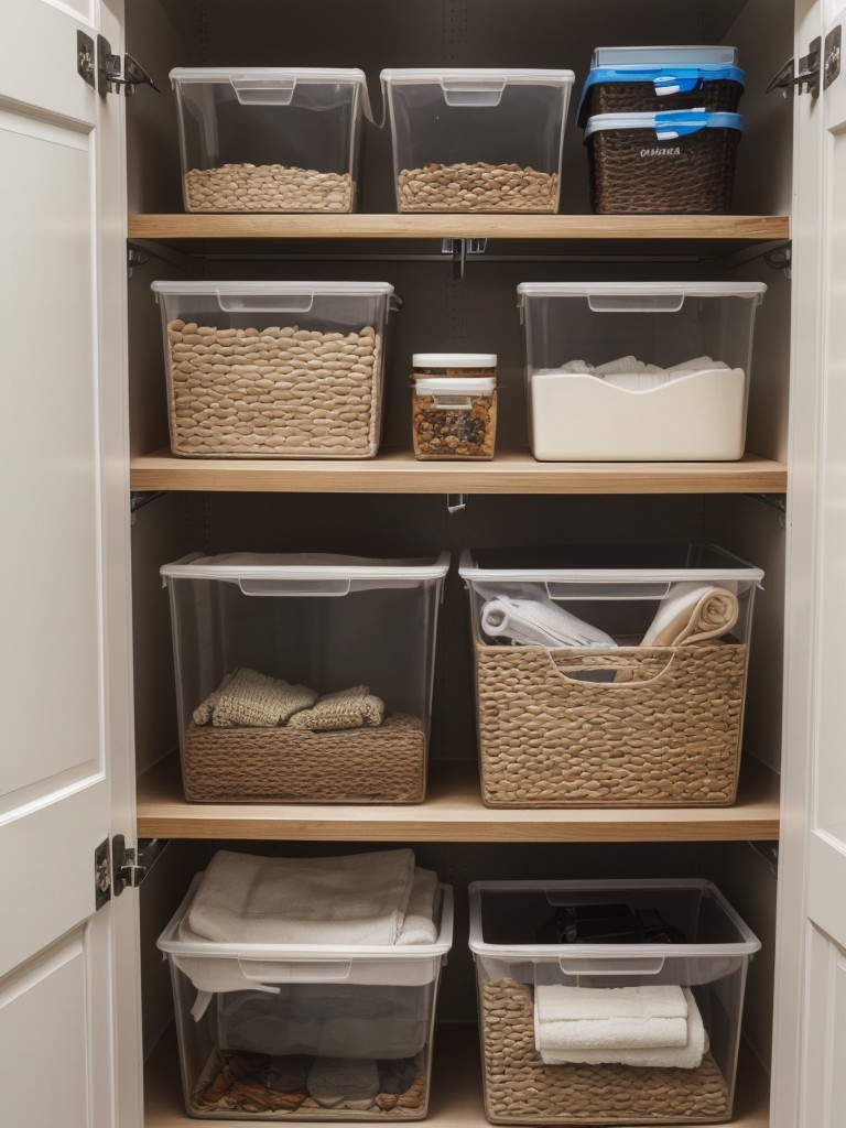 Use clear storage containers to easily identify and access items stored in the closet.