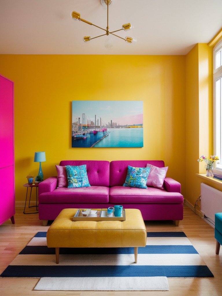 Artistic and eclectic small apartment with vibrant and unexpected color combinations like hot pink, electric blue, and bold yellow for a creative and visually stimulating atmosphere.