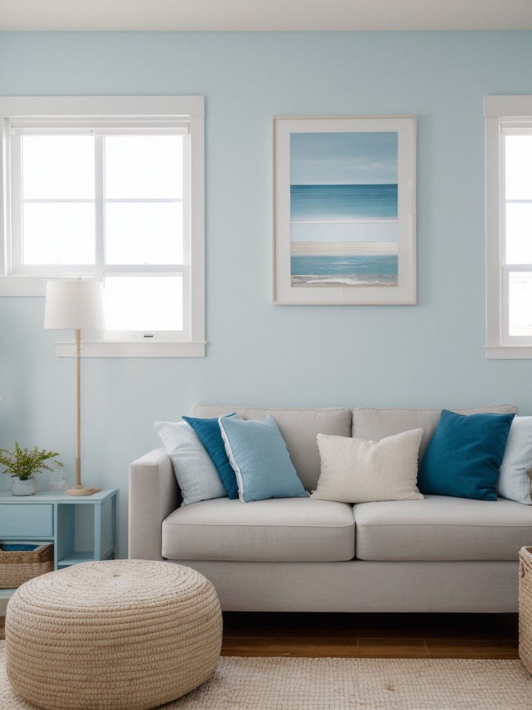 Coastal-inspired small apartment with a palette of soft blues, sandy beiges, and crisp whites to evoke a beachy and relaxed vibe.