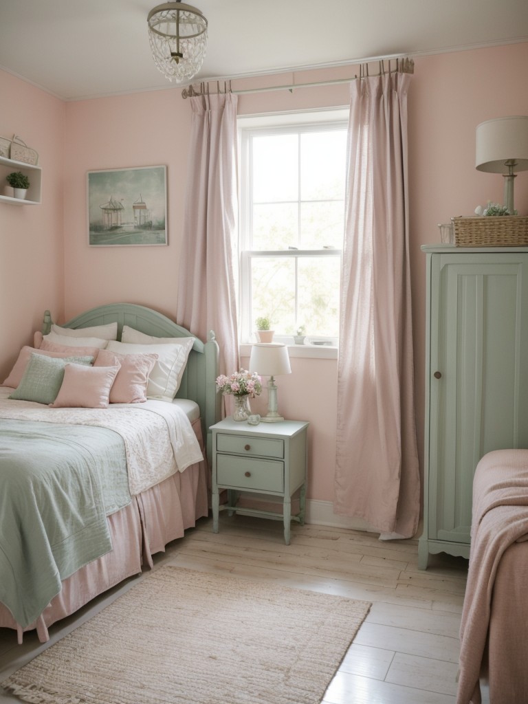 Country cottage-inspired small apartment with soft and romantic pastel colors like blush pink, pale lavender, and light mint green for a cozy and romantic feel.